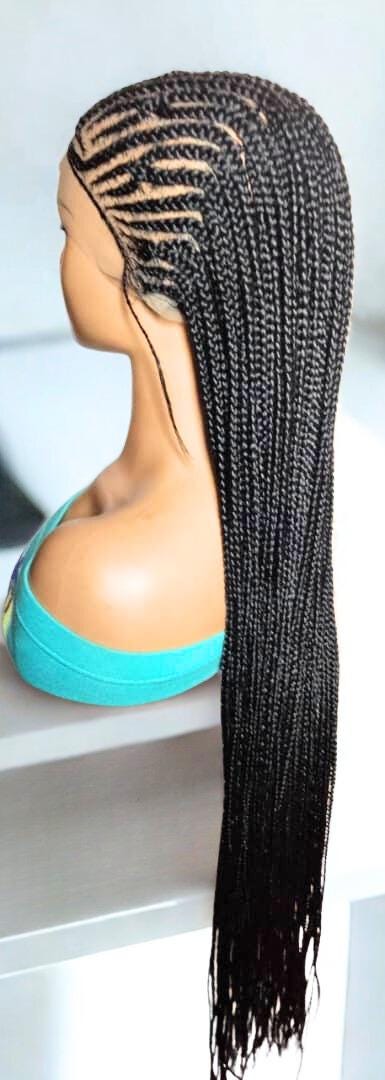 Black Braided Wig. Cornrow with Single Braids. Full Lace With Baby Hair