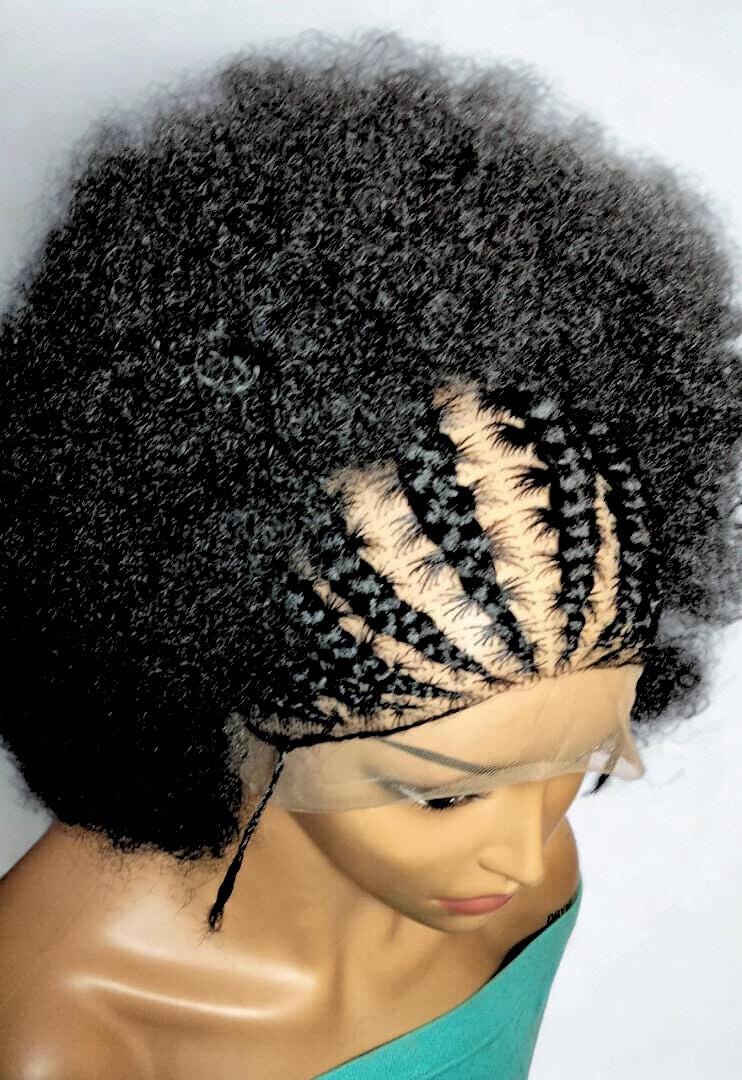 Black Kinky Natural Afro Updo Braided Wig. Full Lace with Baby Hair.