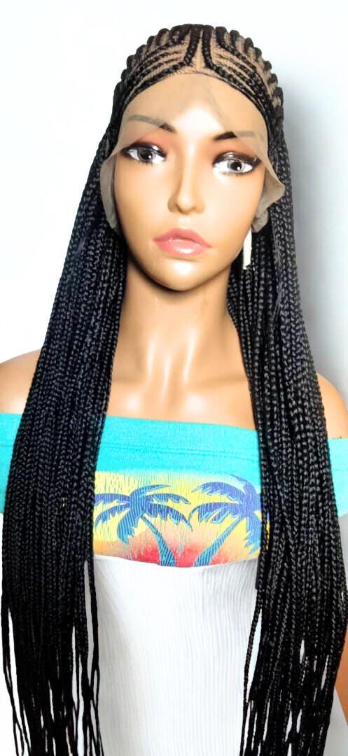 Black Braided Wig. Cornrow with Single Braids. Full Lace With Baby Hair
