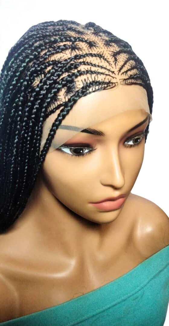 Black and Green Knotless Box Braids. Handmade Cornrow Braided Wig. Full Lace Baby Hair