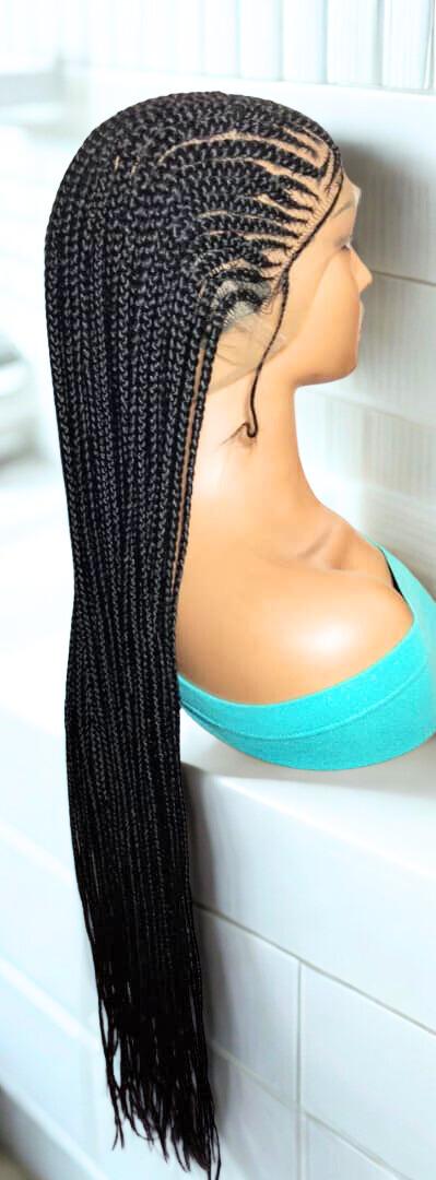 Black Braided Wig. Cornrow with Single Braids. Full Lace With Baby Hair