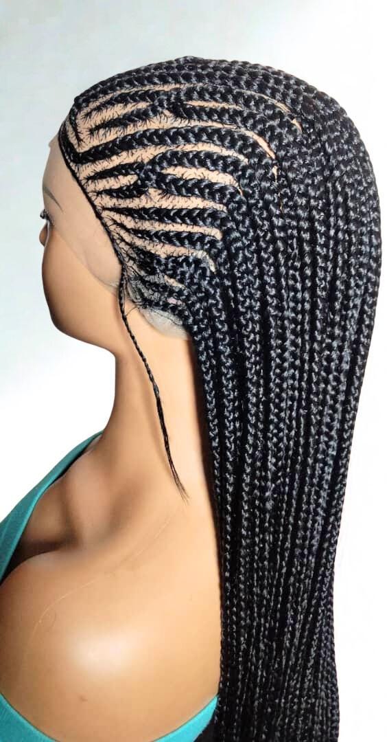 Black Braided Wig. Cornrow with Single Braids. Full Lace With Baby Hair