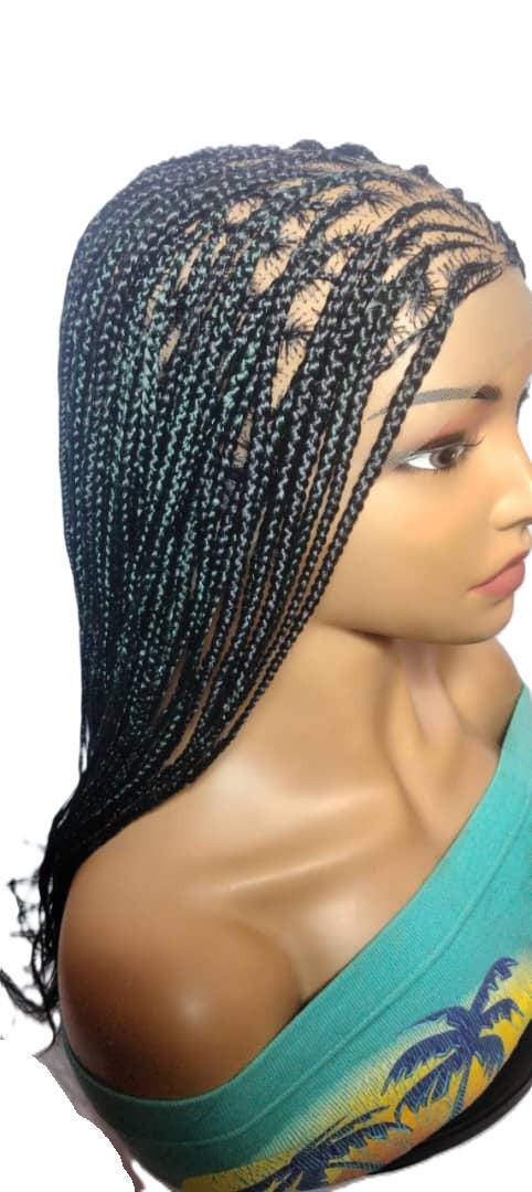 Black and Green Knotless Box Braids. Handmade Cornrow Braided Wig. Full Lace Baby Hair