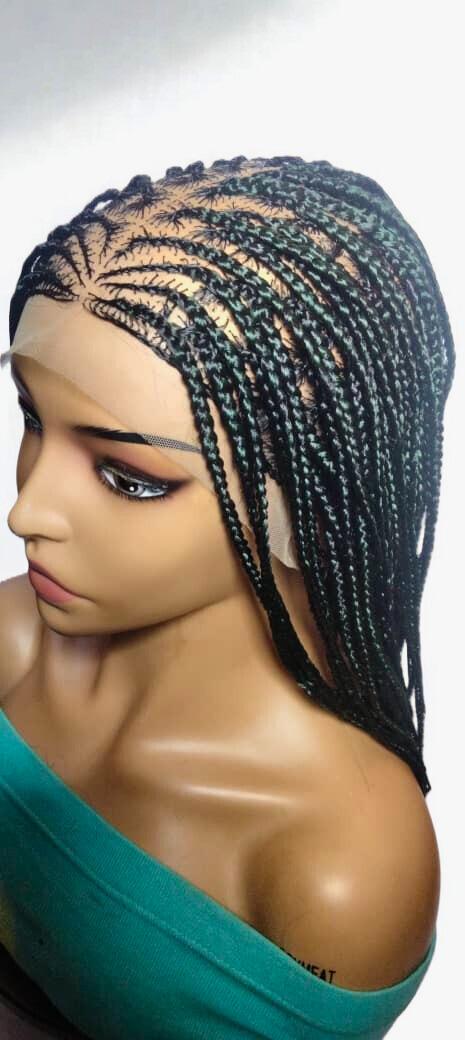 Black and Green Knotless Box Braids. Handmade Cornrow Braided Wig. Full Lace Baby Hair