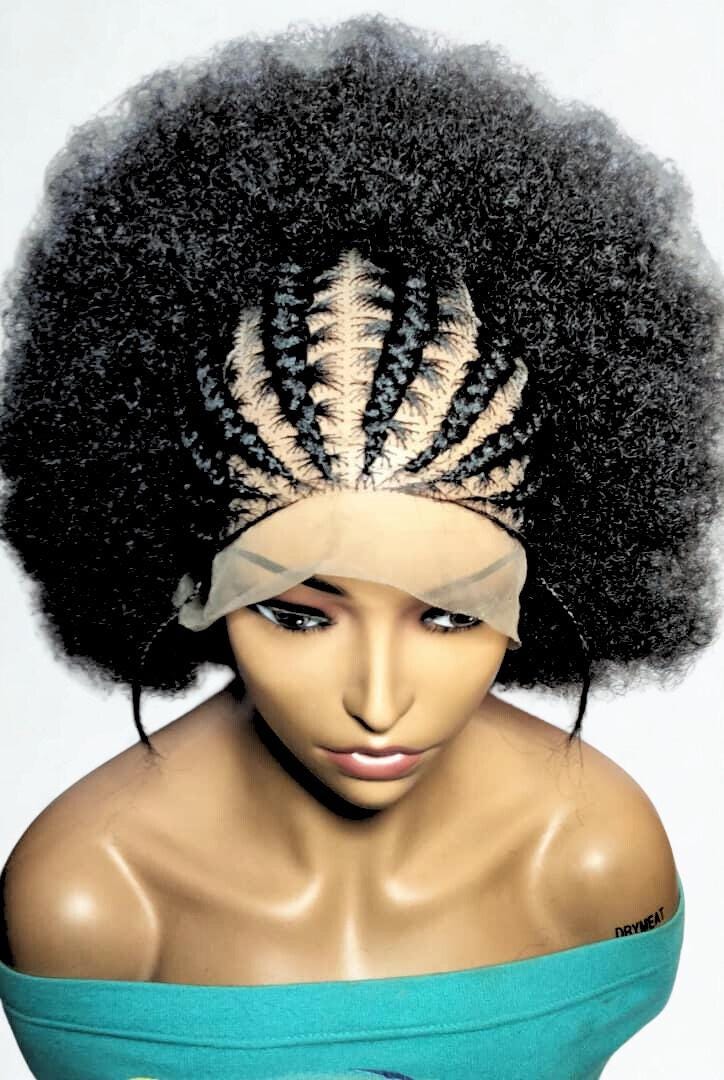 Black Kinky Natural Afro Updo Braided Wig. Full Lace with Baby Hair.