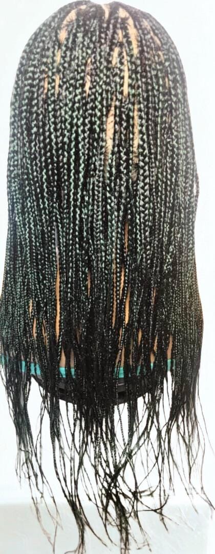Black and Green Knotless Box Braids. Handmade Cornrow Braided Wig. Full Lace Baby Hair