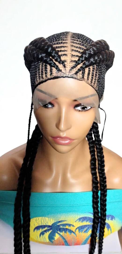 Black Braided Wig. Cornrow Large Double Braids. Full Lace Baby Hair