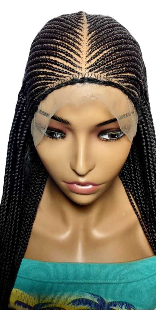 Long Dark Brown Braided Wig. Ghana Cornrow Braids Full Lace With Baby Hair. 36in