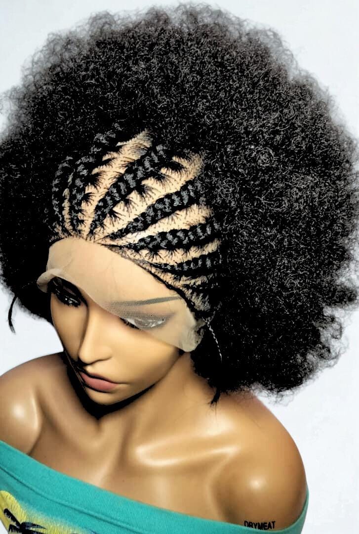 Black Kinky Natural Afro Updo Braided Wig. Full Lace with Baby Hair.