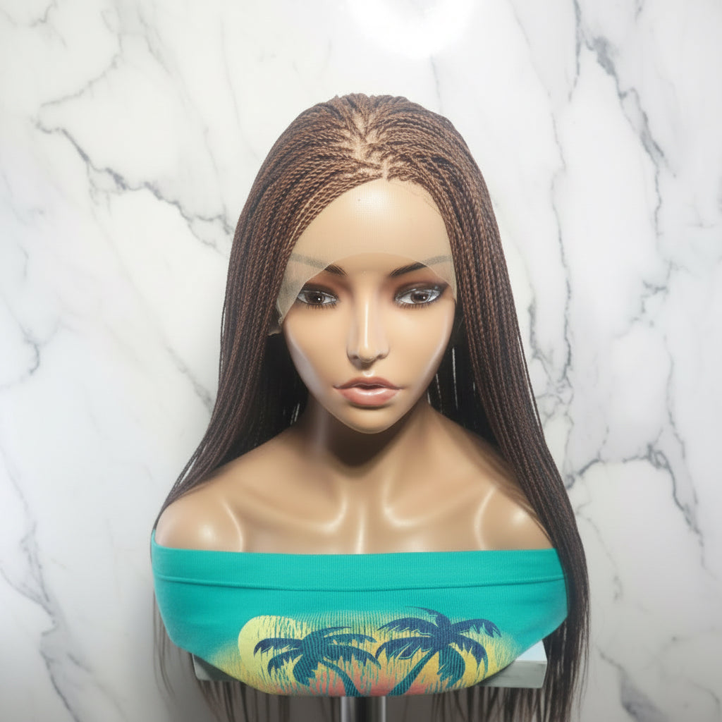 Micro Knotless Braids Wig, 360 HD Full Lace Cap, Copper Brown, 32 Inch Length, Ready-to-Wear