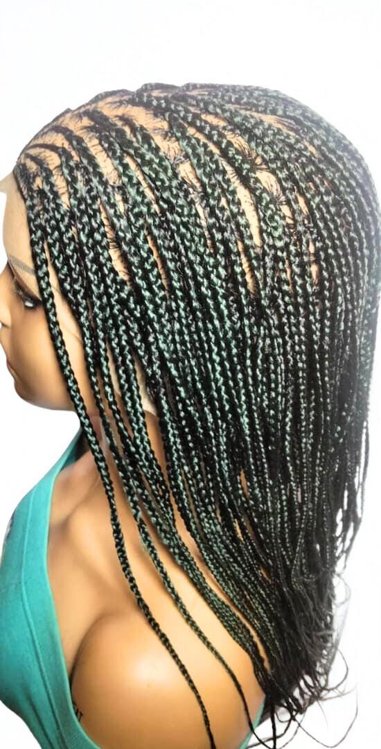 Black and Green Knotless Box Braids. Handmade Cornrow Braided Wig. Full Lace Baby Hair