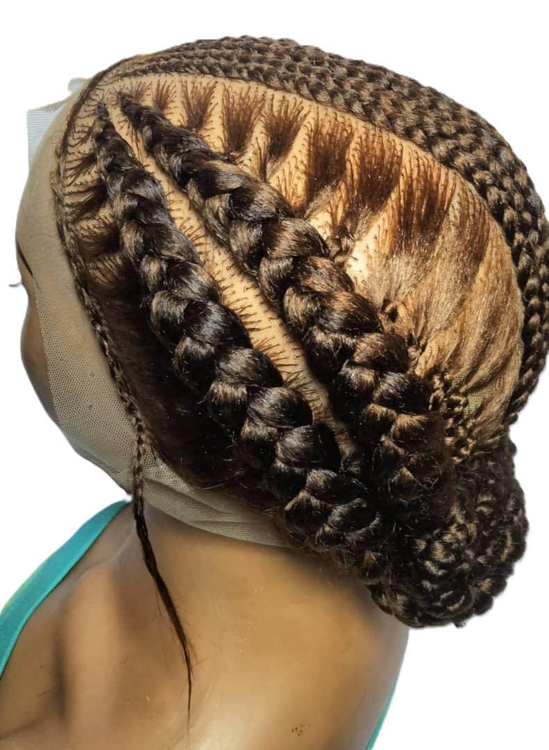 Dark Sandy Brown Braided Bun Wig. Large Cornrow Braids Full Lace Baby Hair