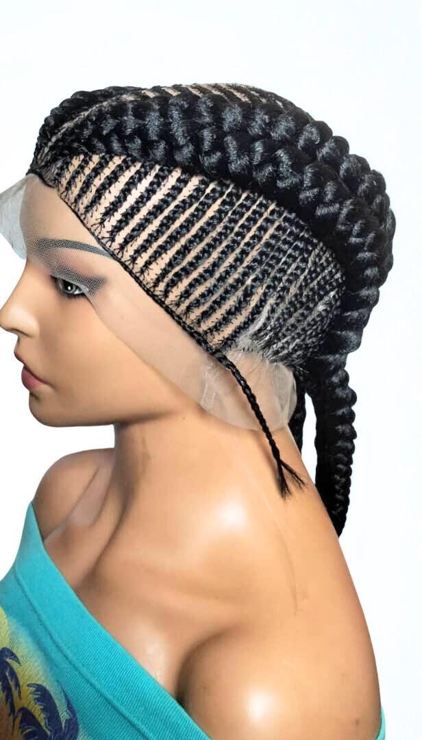 Black Braided Wig. Cornrow Large Double Braids. Full Lace Baby Hair