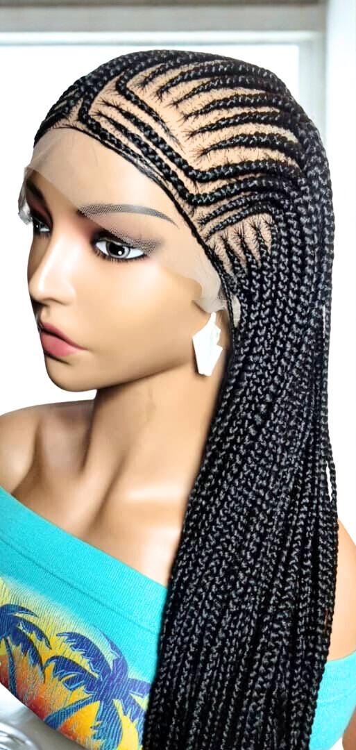 Black Braided Wig. Cornrow with Single Braids. Full Lace With Baby Hair