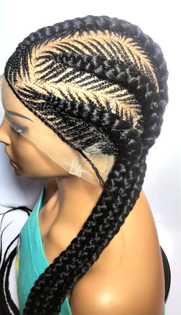 Black Braided Wig. Long Jumbo Cornrow Braids. Full Lace Baby Hair, Lemonade Braids.