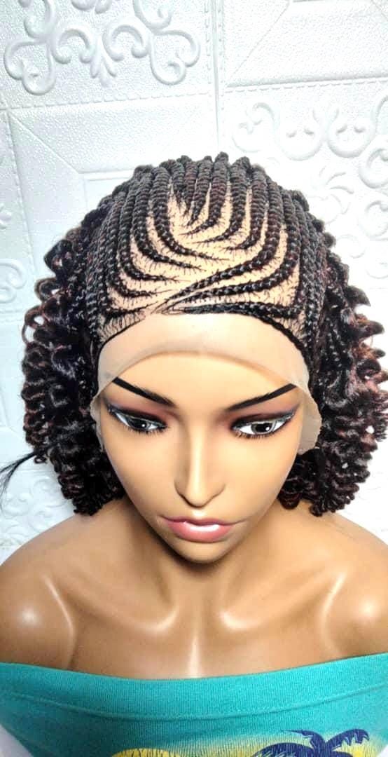 Braided Wig. Black and Auburn Cornrow Braids with Spring Curls. Full Lace Baby Hair.