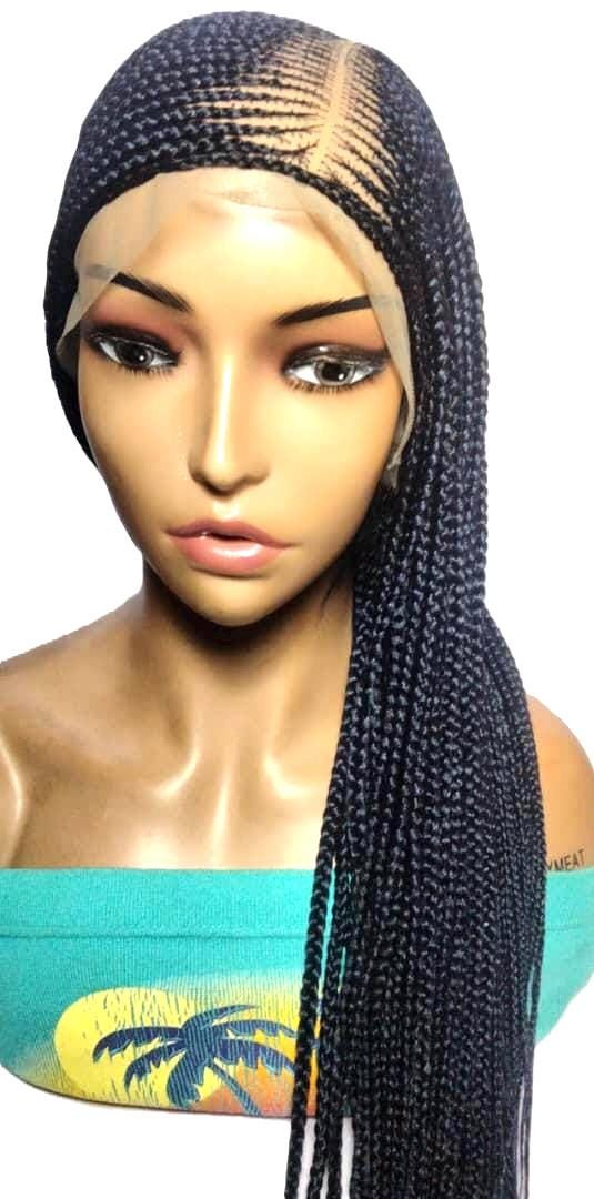Handmade Black Dark Purple Braided Cornrow Wig: 34in Full Lace Baby Hair