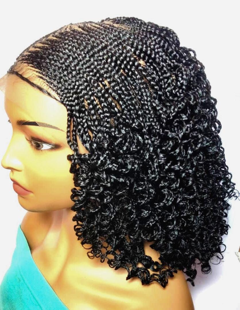 Black Short Braided Wig. Cornrow and Micro Curly Braids. Full Lace with Baby Hair.