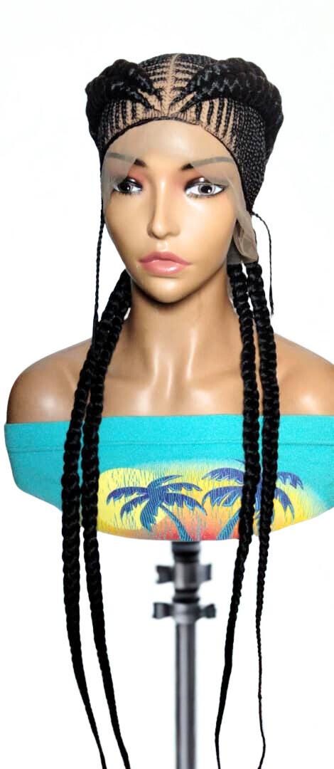 Black Braided Wig. Cornrow Large Double Braids. Full Lace Baby Hair