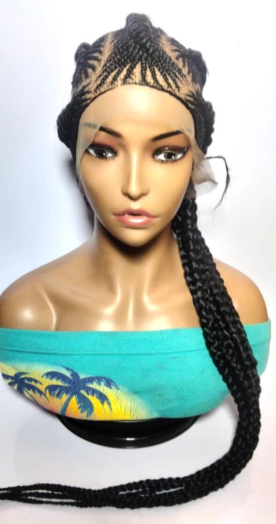 Black Braided Wig. Long Jumbo Cornrow Braids. Full Lace Baby Hair, Lemonade Braids.