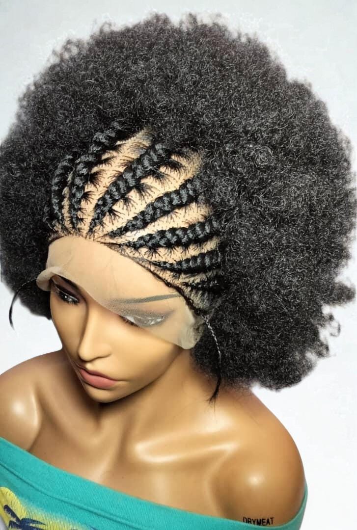 Black Kinky Natural Afro Updo Braided Wig. Full Lace with Baby Hair.
