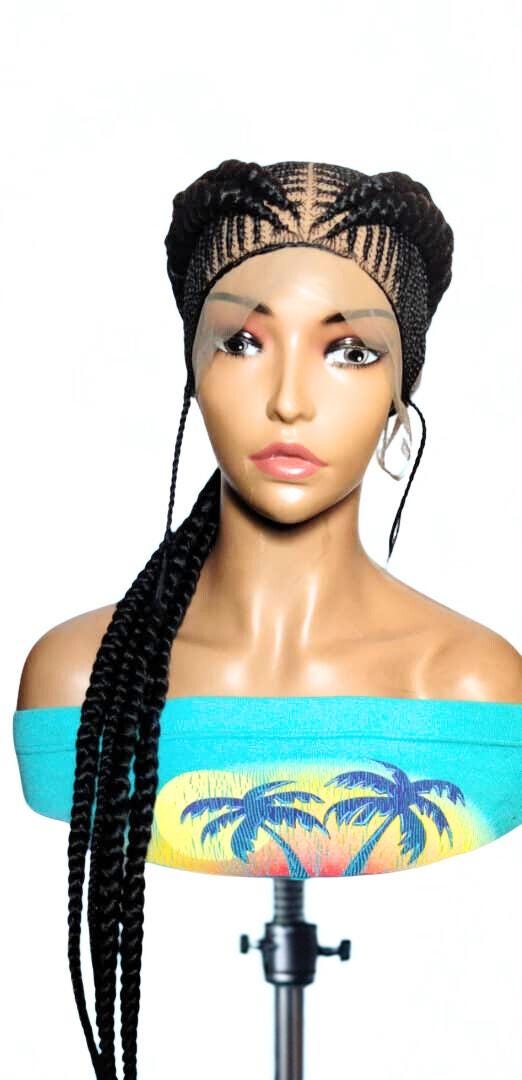 Black Braided Wig. Cornrow Large Double Braids. Full Lace Baby Hair