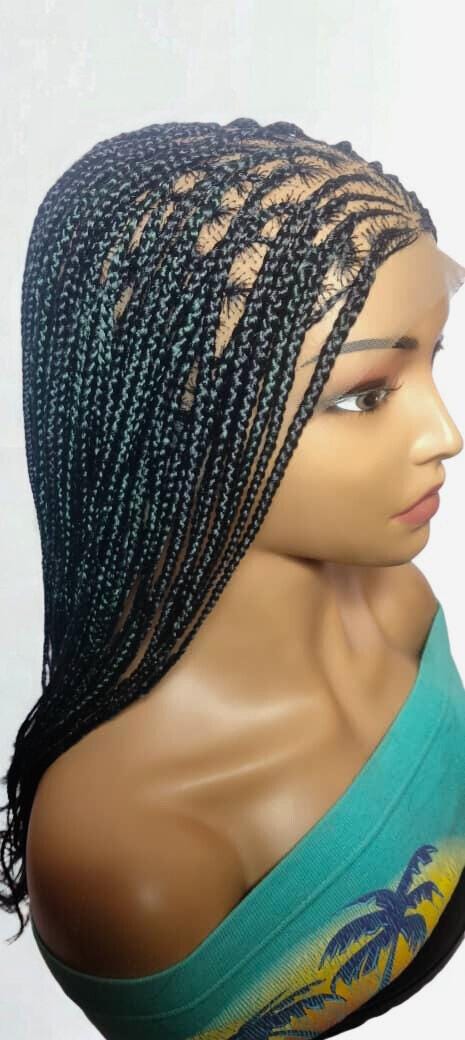 Black and Green Knotless Box Braids. Handmade Cornrow Braided Wig. Full Lace Baby Hair