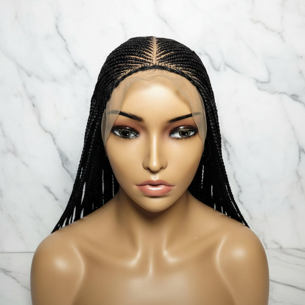 Long Dark Brown Braided Wig. Ghana Cornrow Braids Full Lace With Baby Hair. 36in