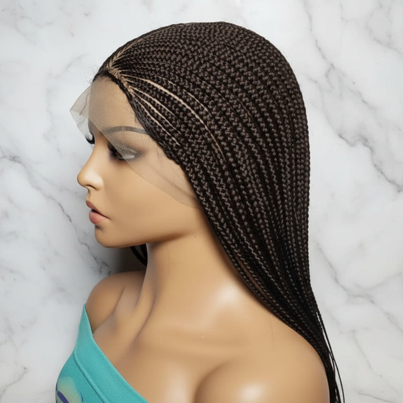 Long Dark Brown Braided Wig. Ghana Cornrow Braids Full Lace With Baby Hair. 36in