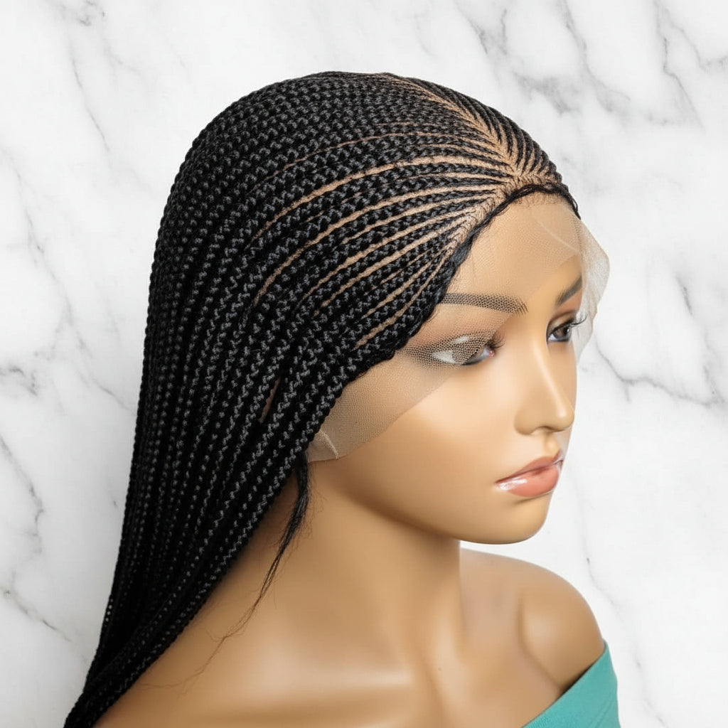 Long Dark Brown Braided Wig. Ghana Cornrow Braids Full Lace With Baby Hair. 36in