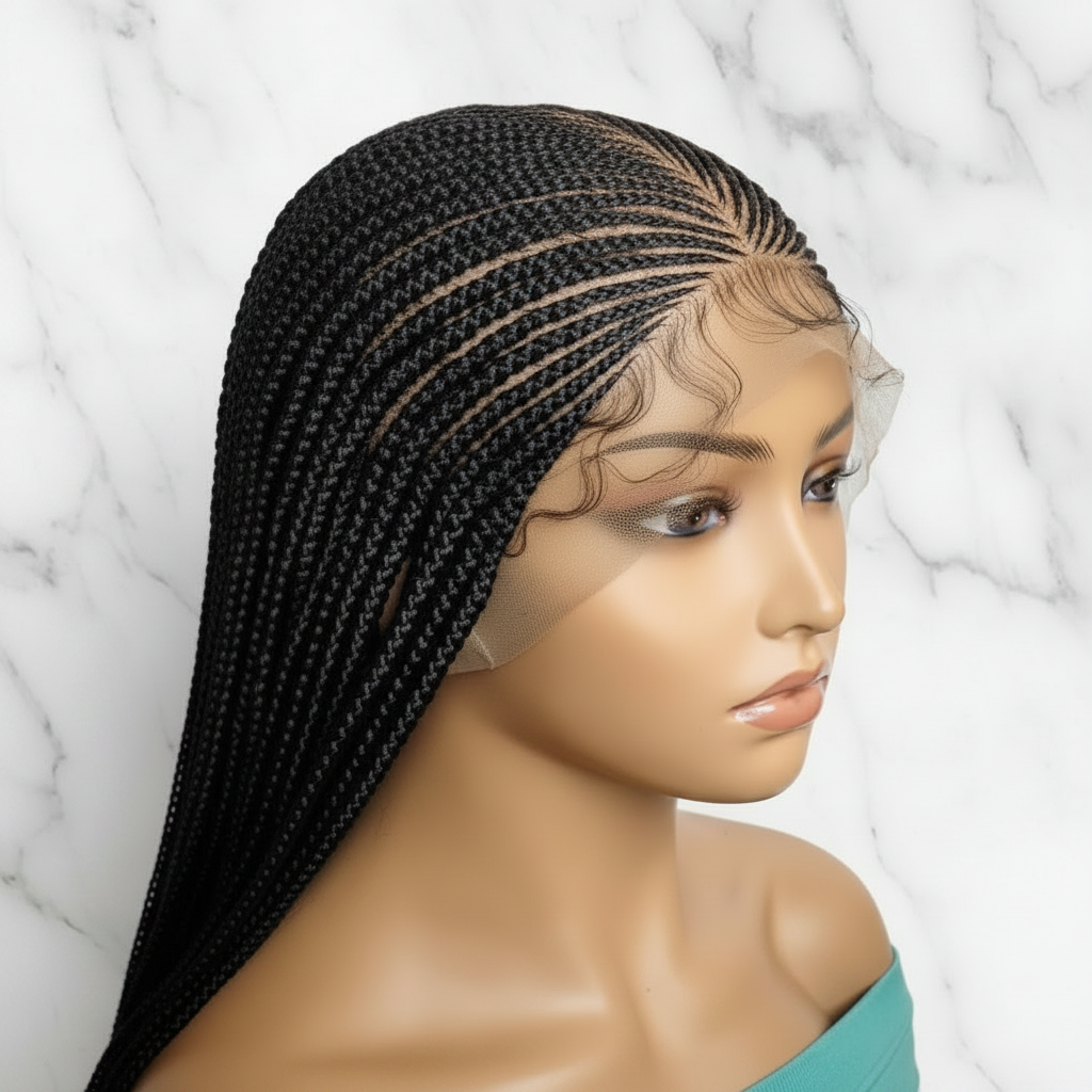 Long Dark Brown Braided Wig. Ghana Cornrow Braids Full Lace With Baby Hair. 36in