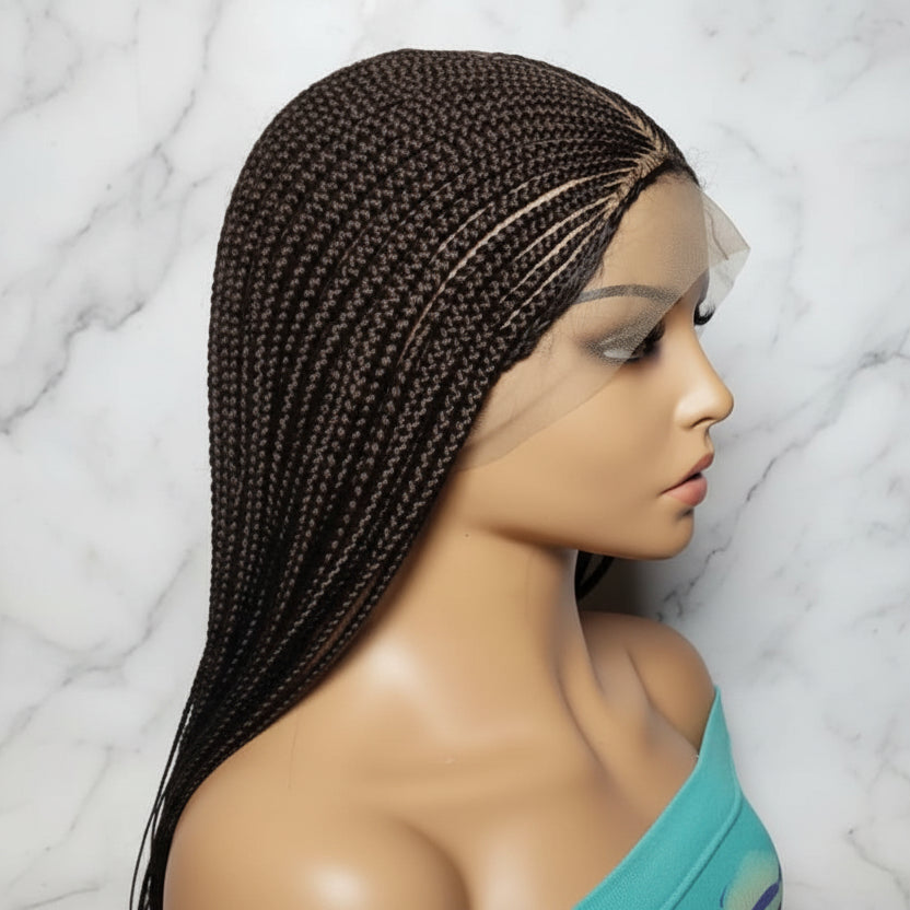 Long Dark Brown Braided Wig. Ghana Cornrow Braids Full Lace With Baby Hair. 36in