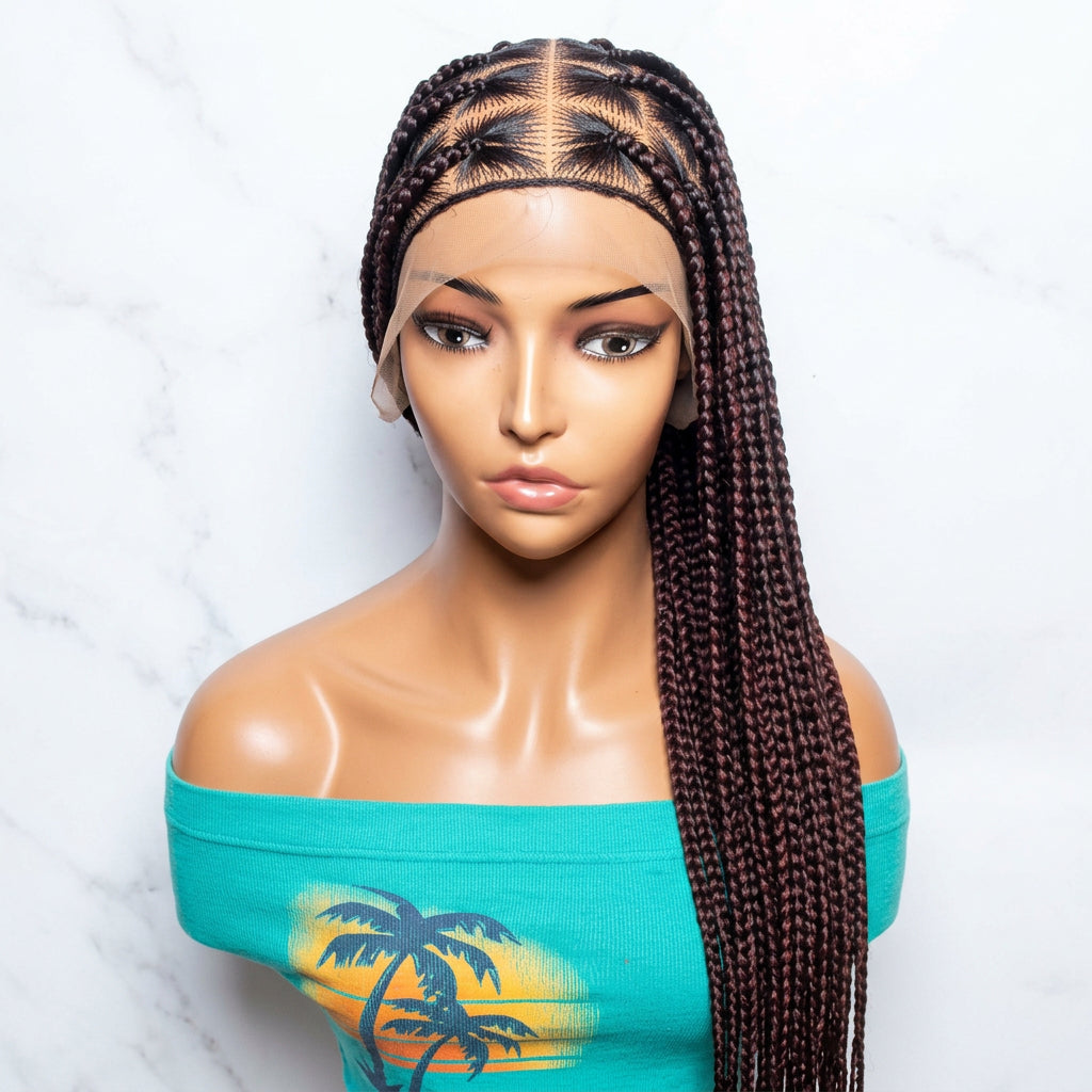 Long dark brown box braids with a clear lace front, displayed on a mannequin head against a plain light background.
