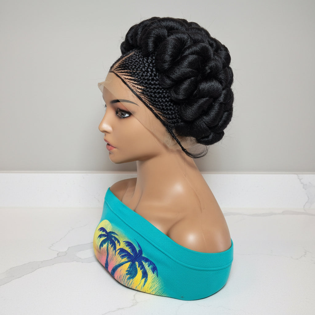 Braided Wig. Jumbo Twist Braids Puff Knots. Full Lace with Baby Hair. Bun Braid