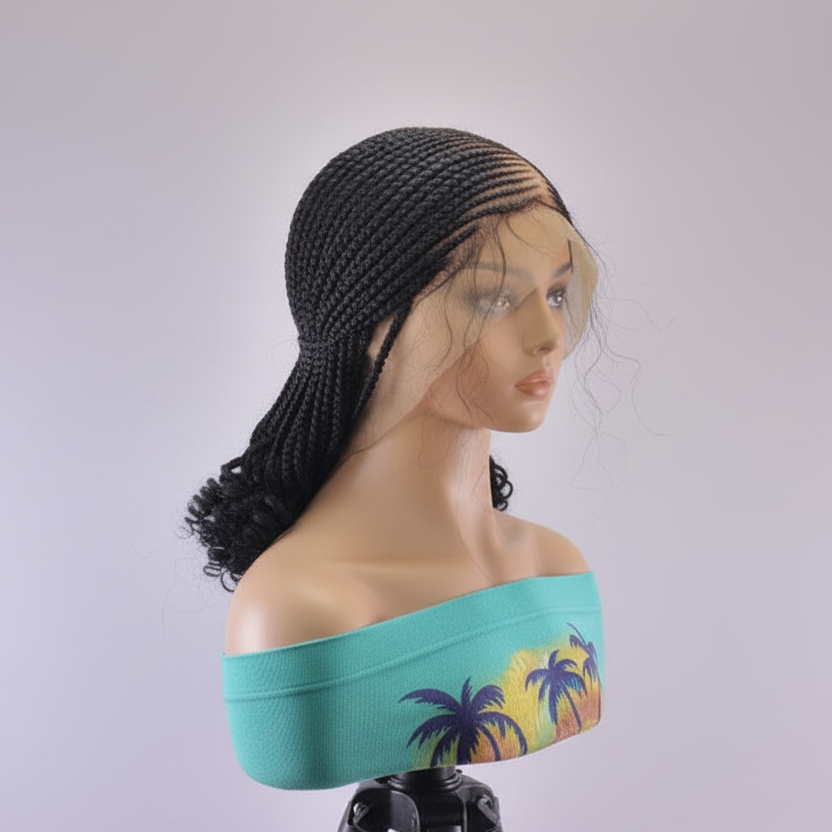 Braided Wig. Cornrow Braids with Spring Curls. Full Lace Baby Hair.