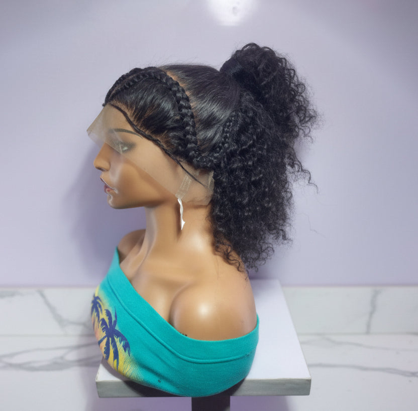 Braided Wig: Two Braids Transitioning to Spring Curls, Full Lace. Double Cornrow braids