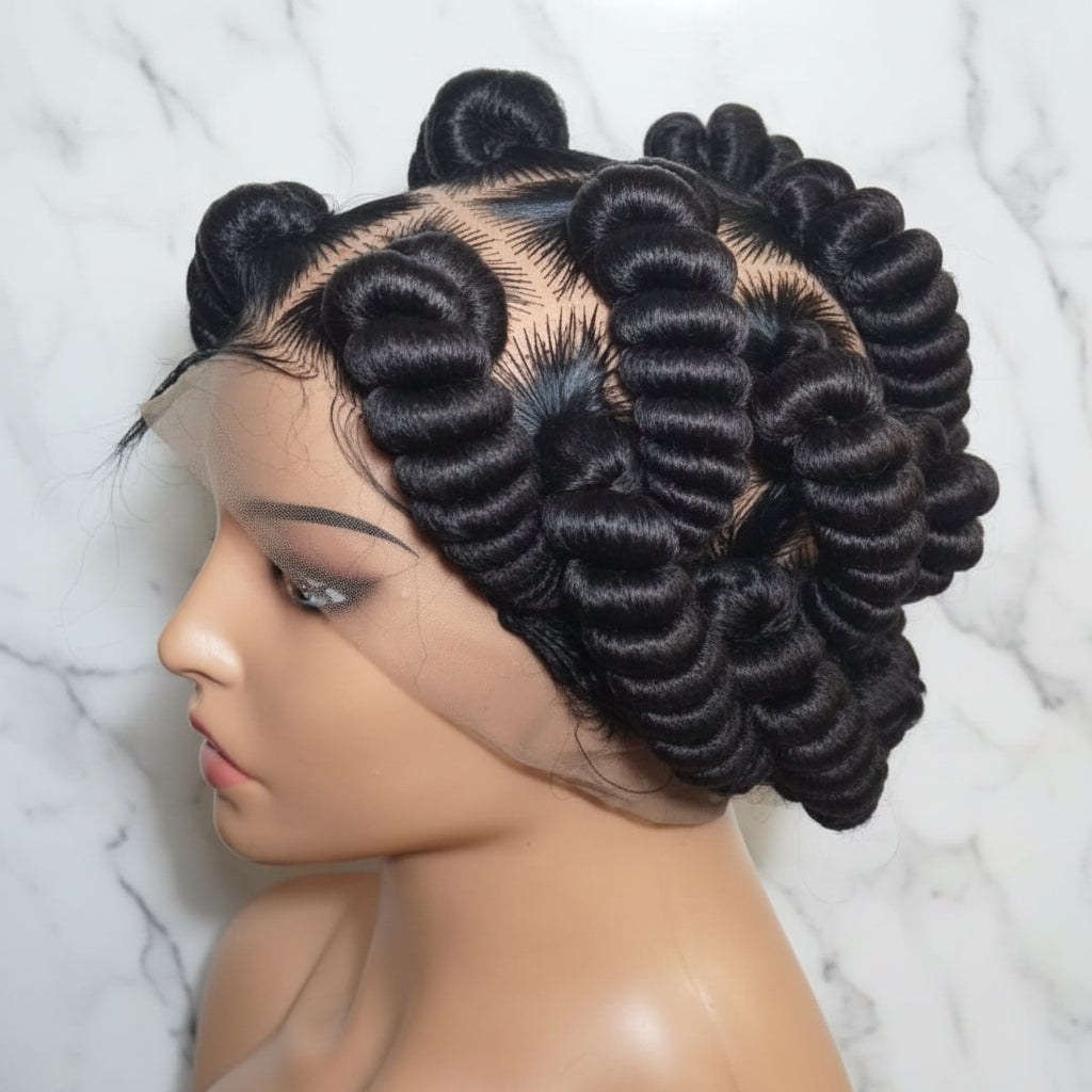 Handmade Bantu Knots Braided Wig: Jumbo Twist Bun Braids, Full Lace with Baby Hair.