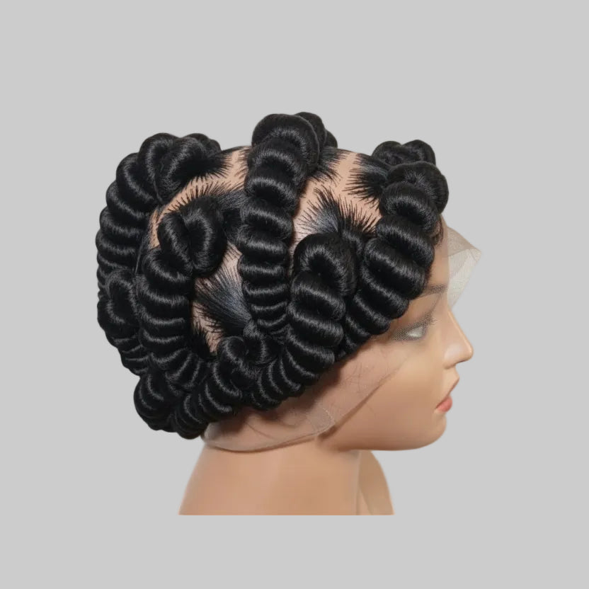 Handmade Bantu Knots Braided Wig: Jumbo Twist Bun Braids, Full Lace with Baby Hair.