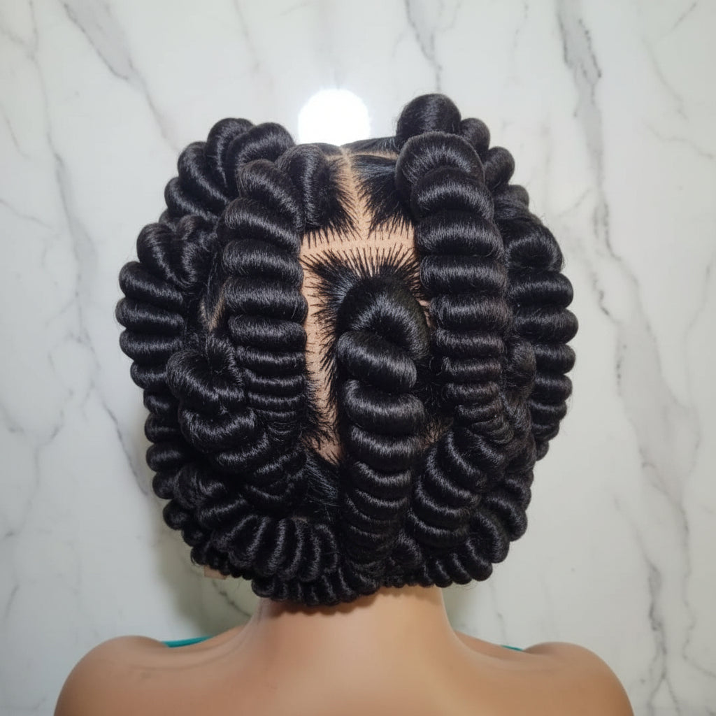 Handmade Bantu Knots Braided Wig: Jumbo Twist Bun Braids, Full Lace with Baby Hair.