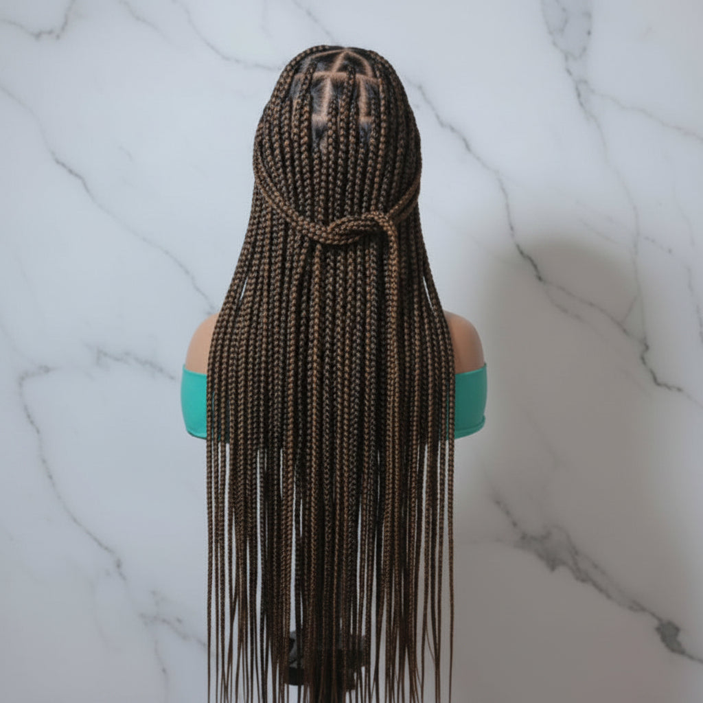 Person with long braided hair on a plain background