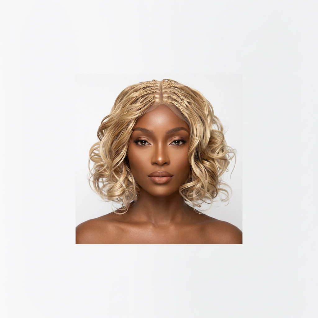 A close-up portrait of a model wearing a short, wavy blonde wig with center braids and side-swept bangs, styled with a black off-the-shoulder top against a light gray background.