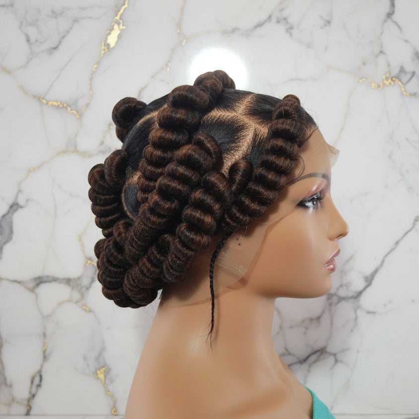 Handmade Bantu Knots Braided Wig: Jumbo Twist Bun Braids, Full Lace with Baby Hair.
