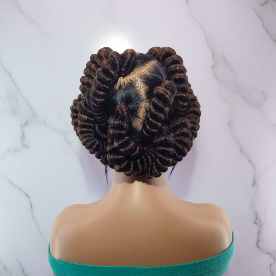 Handmade Bantu Knots Braided Wig: Jumbo Twist Bun Braids, Full Lace with Baby Hair.