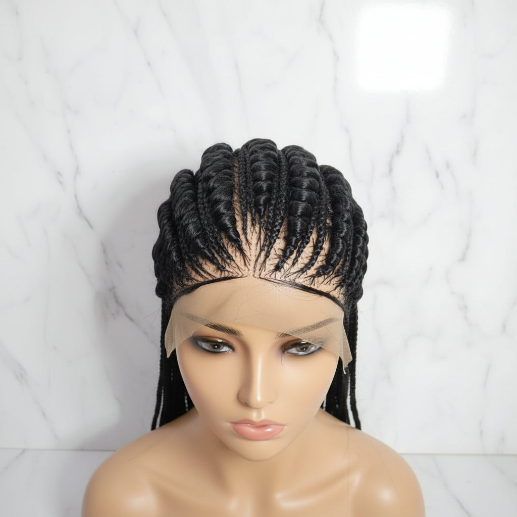 Black Long cornrow braids. Alternate large and small cornrow braids. Full lace medium cap, and natural black baby hair. Long cornrow braids