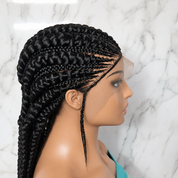 Side view of handmade braided wig, with full lace medium cap, and natural black baby hair. Long cornrow braids