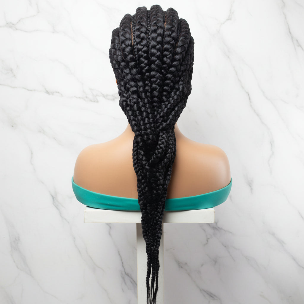 Black Long cornrow braids. Alternate large and small cornrow braids. Full lace medium cap, and natural black baby hair. Synthetic hair.
