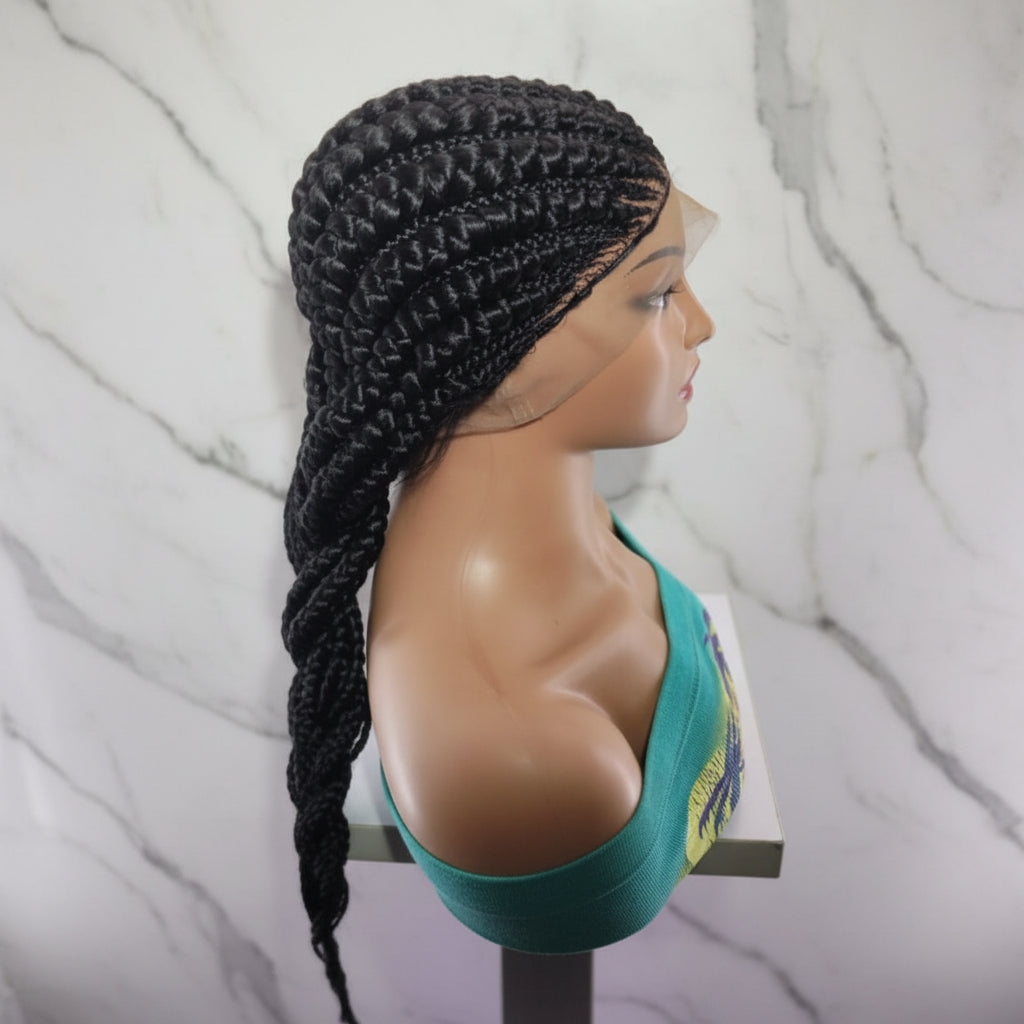 Side view of of long black braided wig