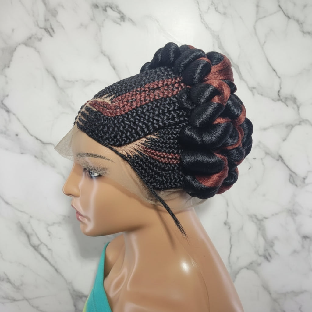 Braided Wig. Jumbo Twist Braids Puff Knots. Full Lace with Baby Hair. Bun Braid