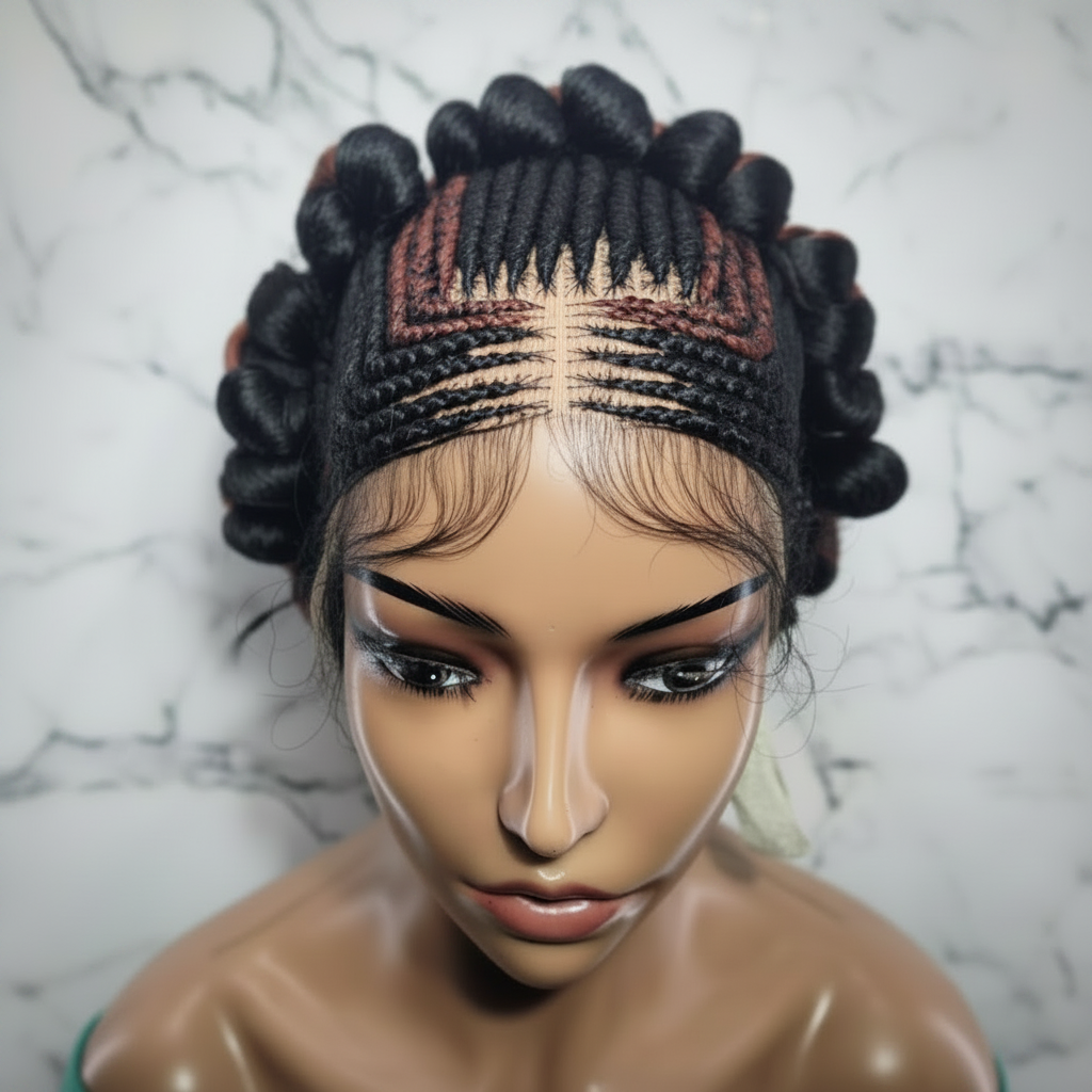Braided Wig. Jumbo Twist Braids Puff Knots. Full Lace with Baby Hair. Bun Braid