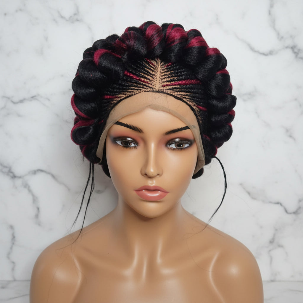Braided Wig. Jumbo Twist Braids Puff Knots. Full Lace with Baby Hair. Bun Braid